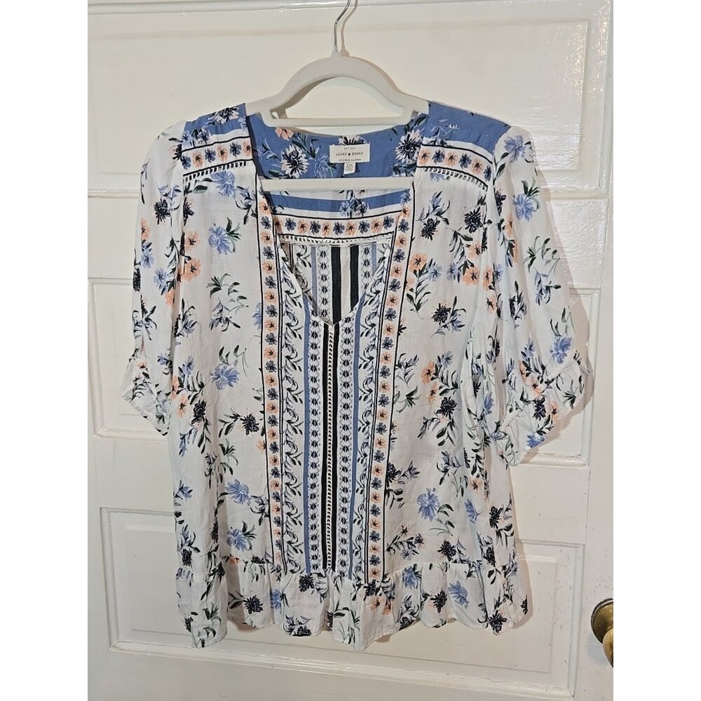 Lucky Brand Size L Blouse White Multicolor Floral Short Ruffle Sleeve V-Neck